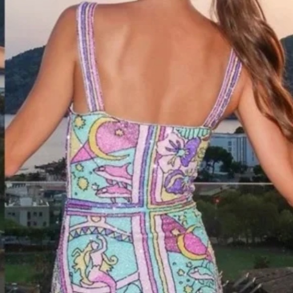 Oceanus Talia Hand Beaded Multi-Coloured Crystal Party Dress in Pastel - Picture 6 of 8